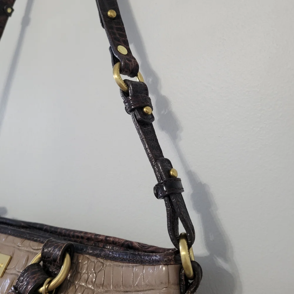 Brahmin Mini Asher Satchel Bag Croc Embossed Rich Dark Brown Grey Tan Luxury